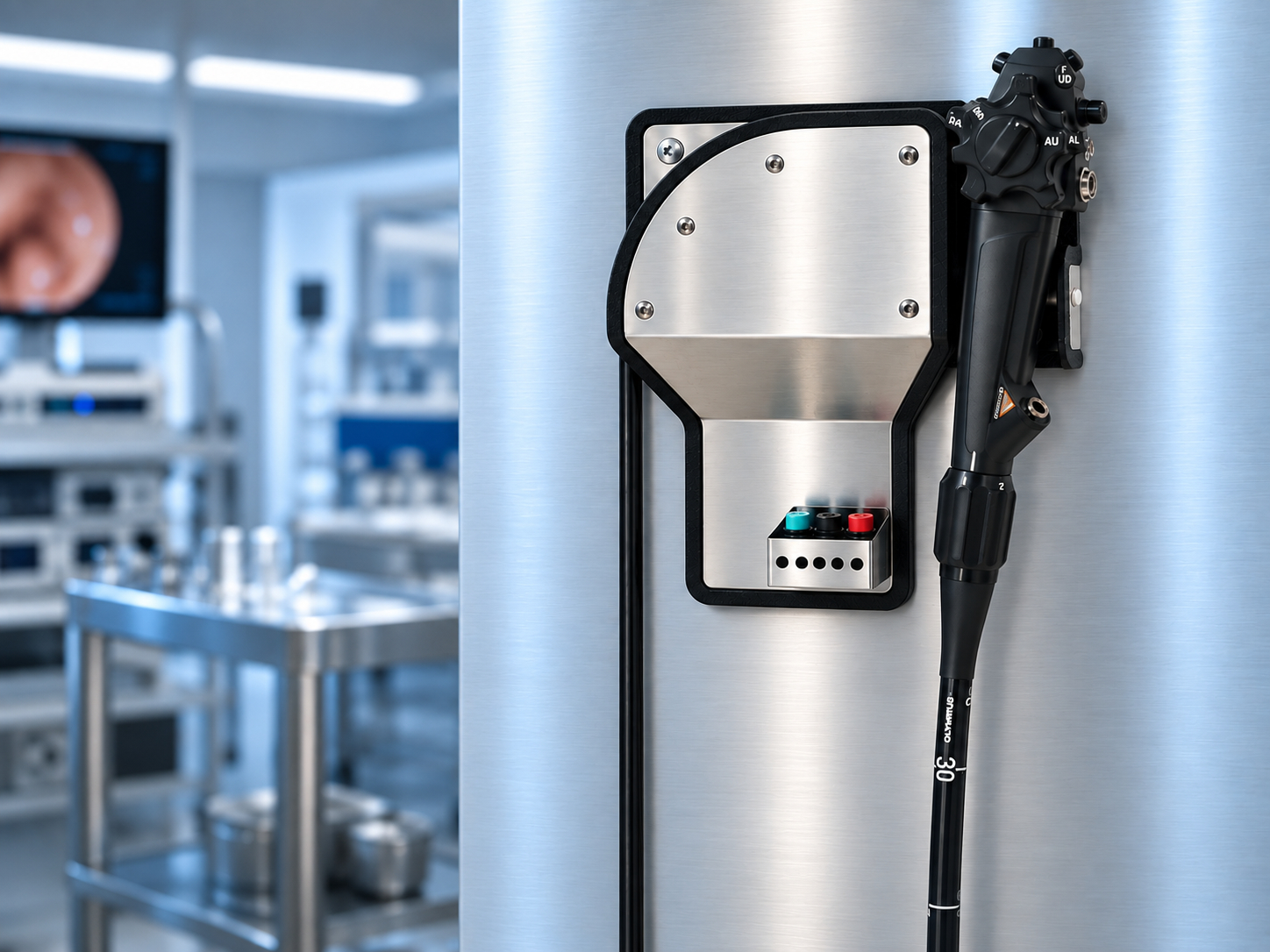 Endoskophalterung von aaronclean mit hängend gelagerten Endoskopen
